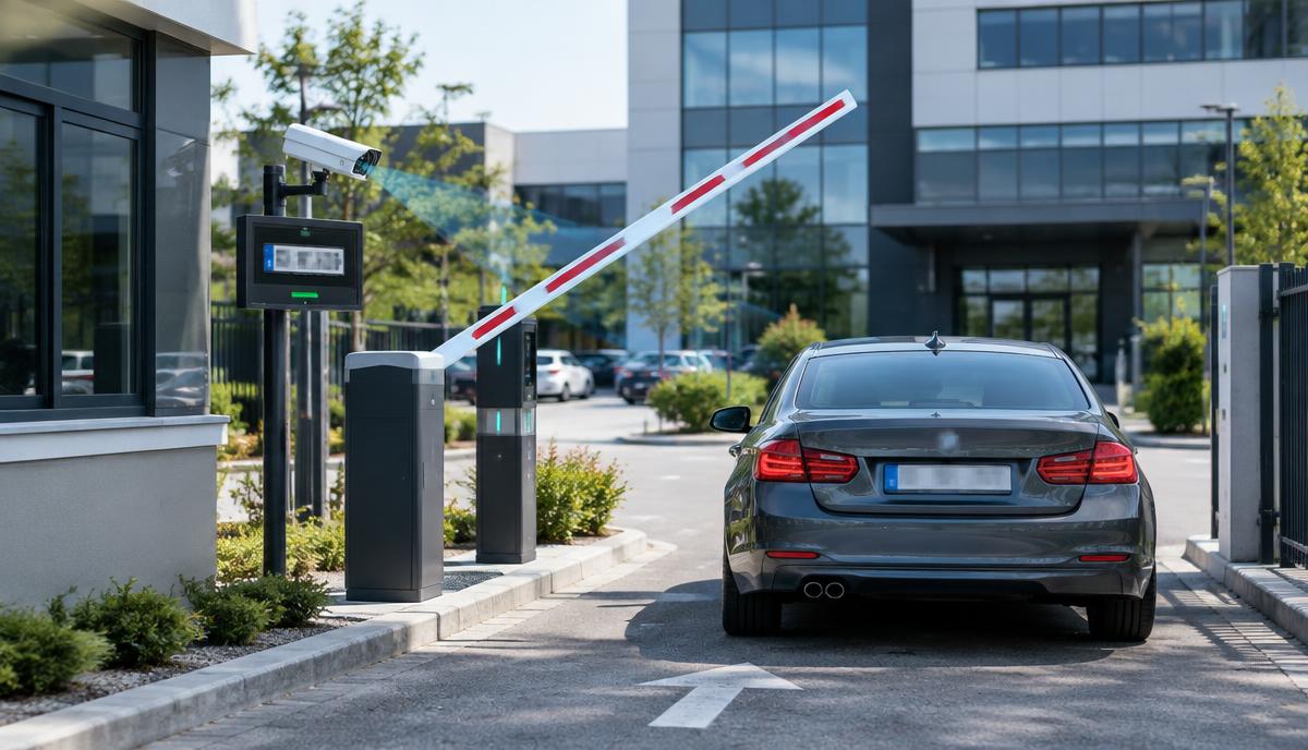Kurumsal otopark girişinde plaka tanıma kamerası ve açılan bariyer